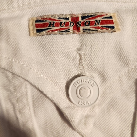 Hudson Jacket Womens Small White‎ Denim Trucker Button Front Union Jack Patch - Picture 3 of 8
